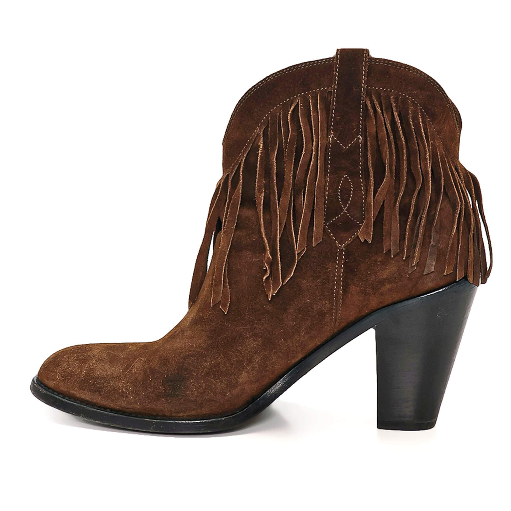 Yves Saint Lauent - Brown Suede Fringe Western Booties 